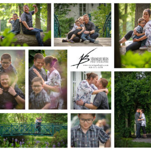 Montage d'images montrant une séance de photo de famille à l'extérieur l'été.