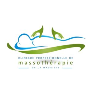 Logo de la la Clinique Professionnelle de Massothérapie de la Mauricie illustré par des mains vertes posées sur un corps bleu allongé.